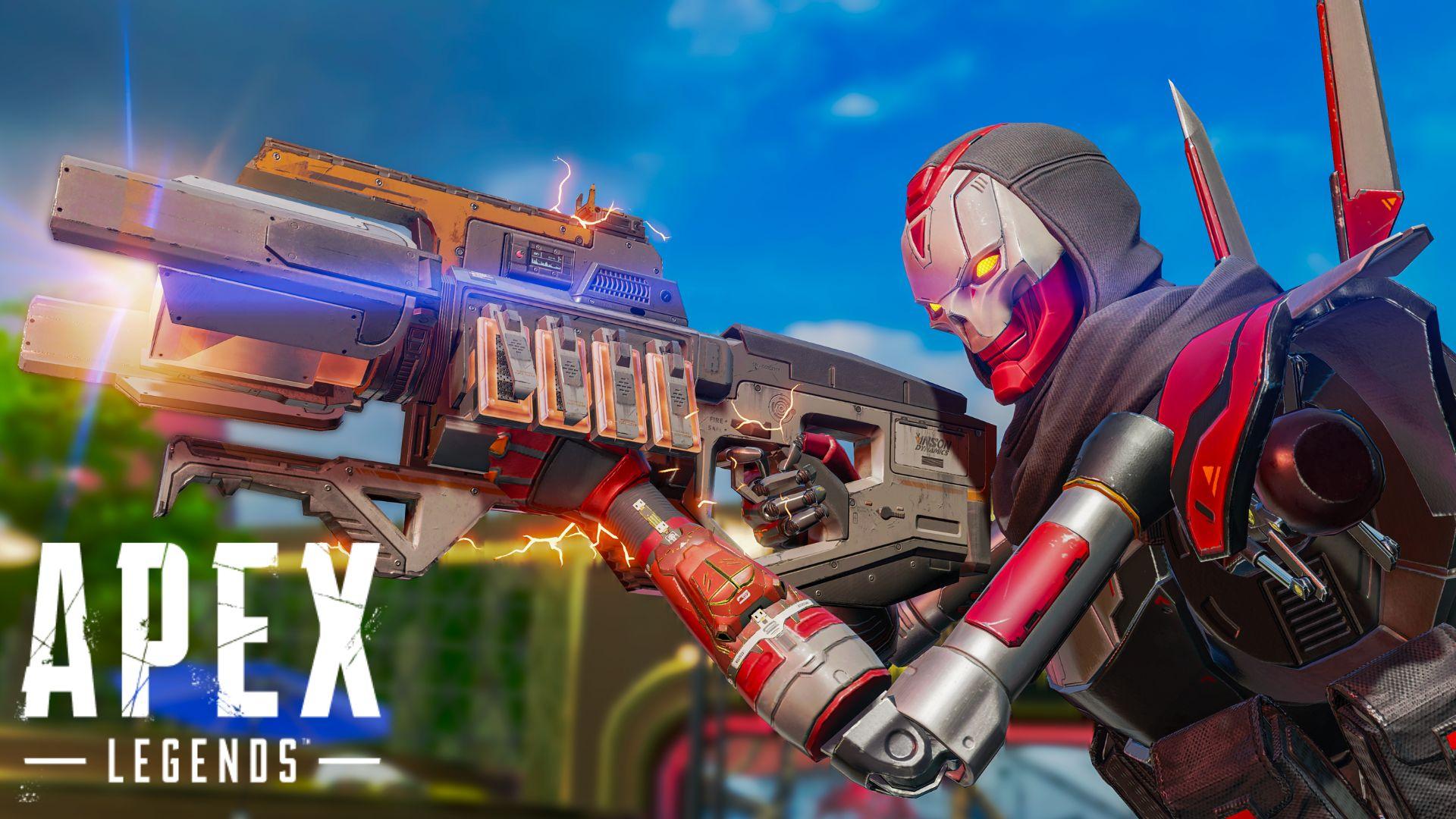 Revenant Rebon holding Charge Rifle in Apex Legends with logo nearby