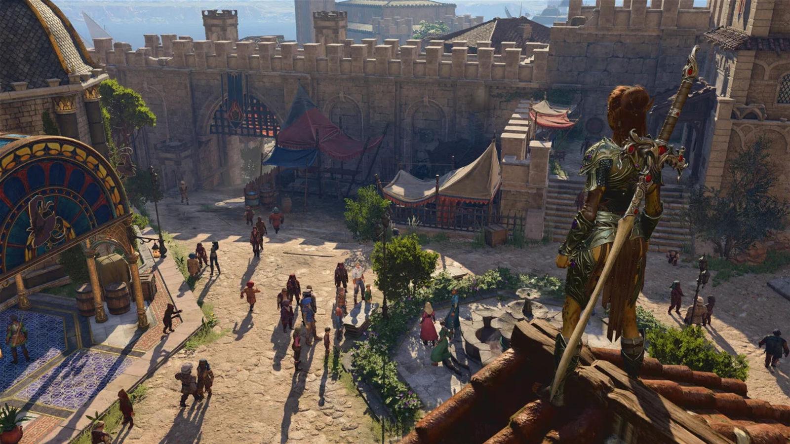 Lae'zel overlooks a settlement in Baldur's Gate 3