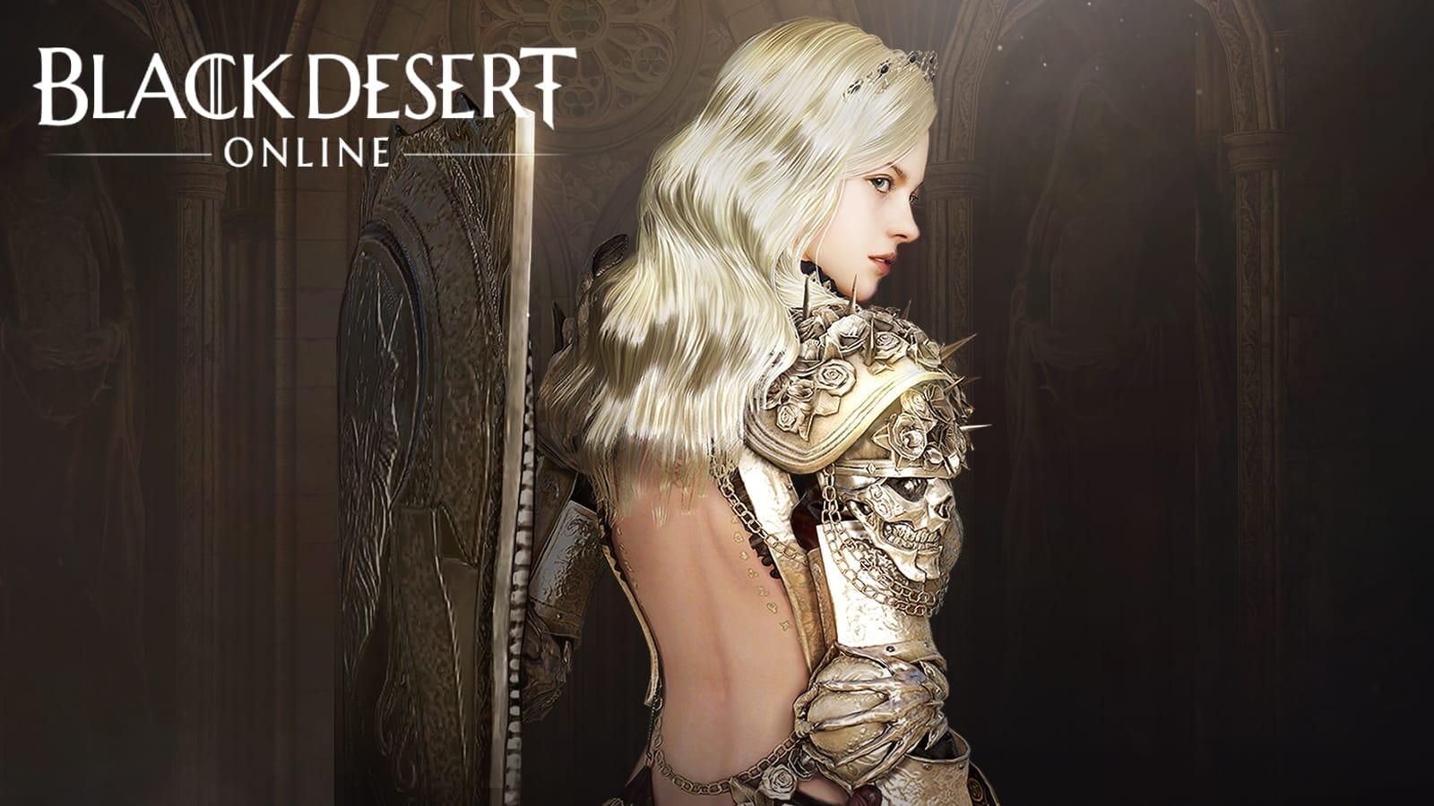 black desert online bdo warrior women with blond hair and shield looks over her shoulder at camera