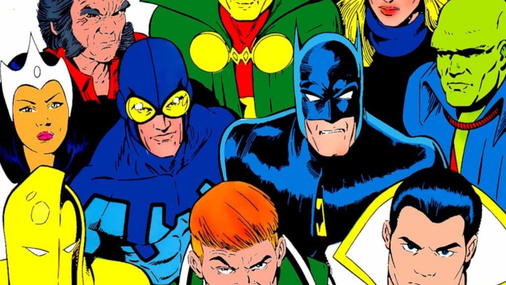 The Justice League, including Blue Beetle, Batman, Green Lantern, Shazam, Martian Manhunter