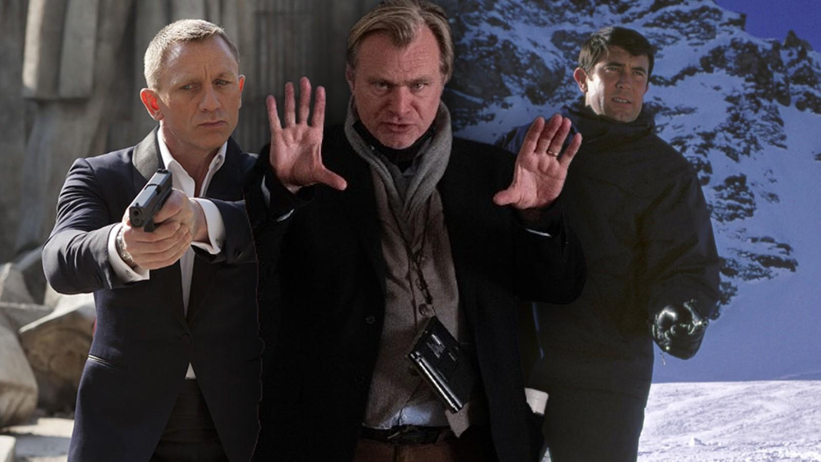 Daniel Craig as James Bond, Christopher Nolan filming Oppenheimer, and George Lazenby as Bond