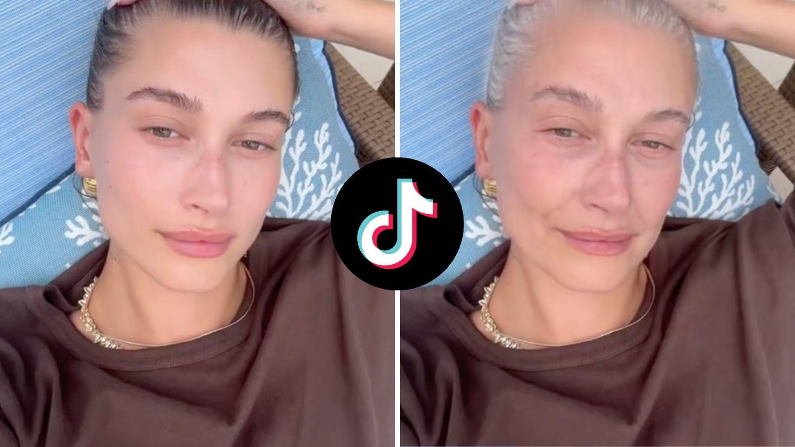 Hailey Bieber trying the 'aged' filter on TikTok