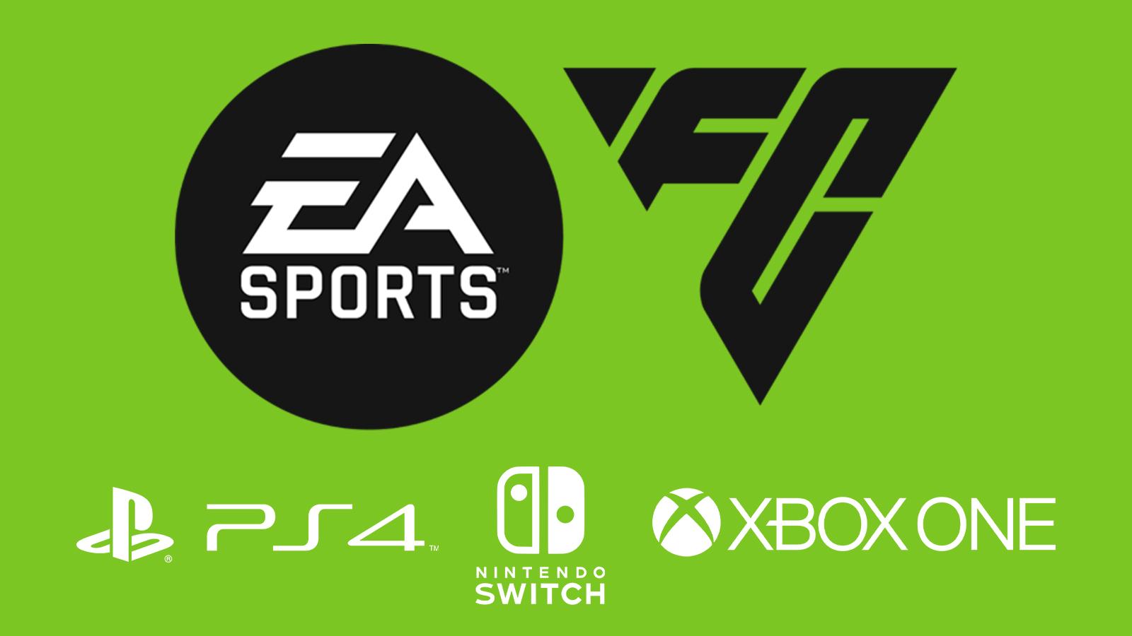 light green background with ea sports fc, ps4, nintendo switch, and xbox one logos