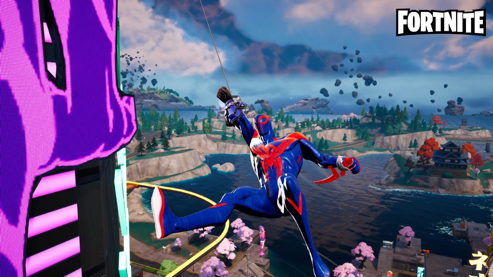 Spider-Man 2099 swinging in Fortnite's Mega City