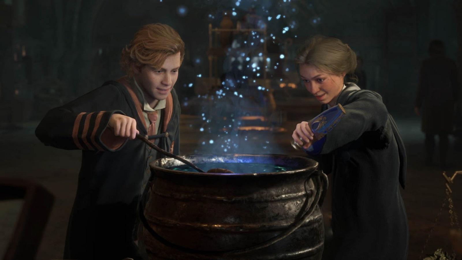 Two wizards crafting a potion in Hogwarts Legacy.