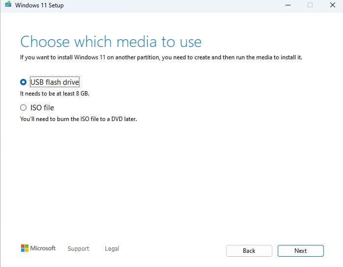 Windows 11 media creation tool selection screen