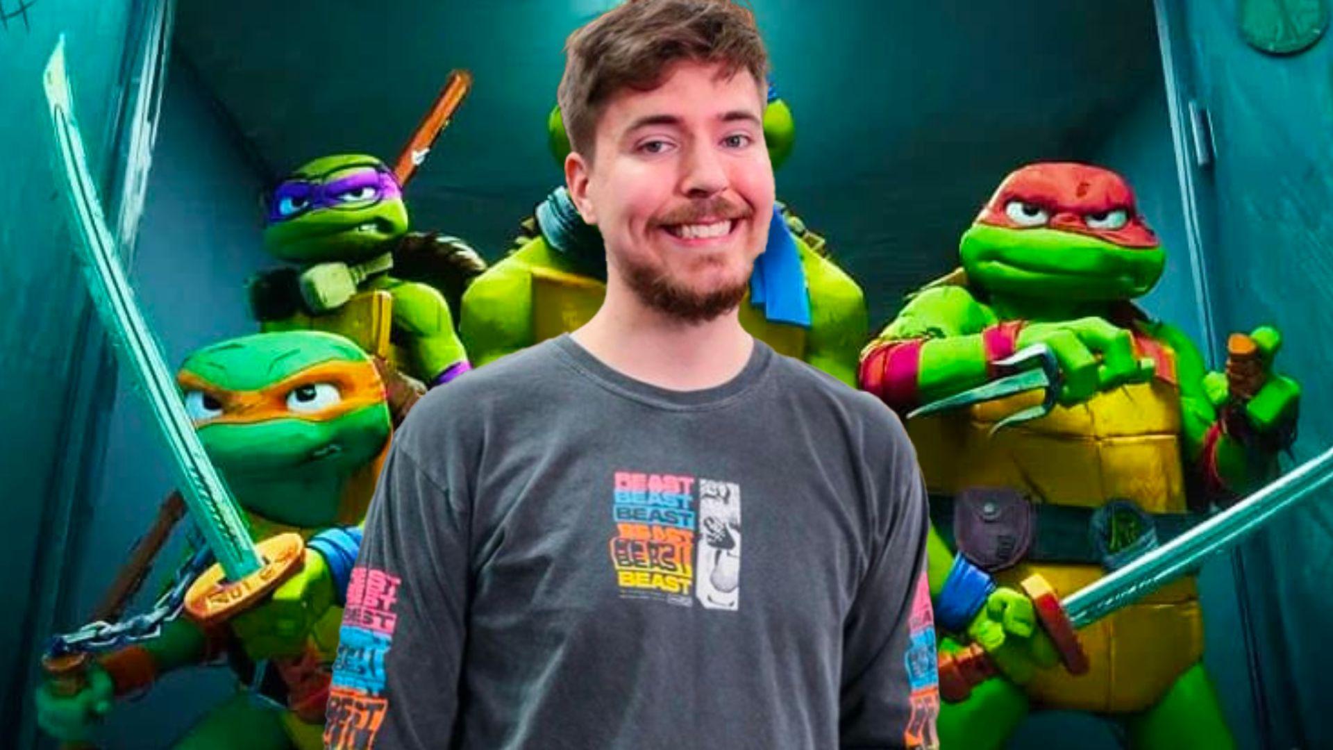 MrBeast stood in front of animated Teenage Mutant Ninja Turtles