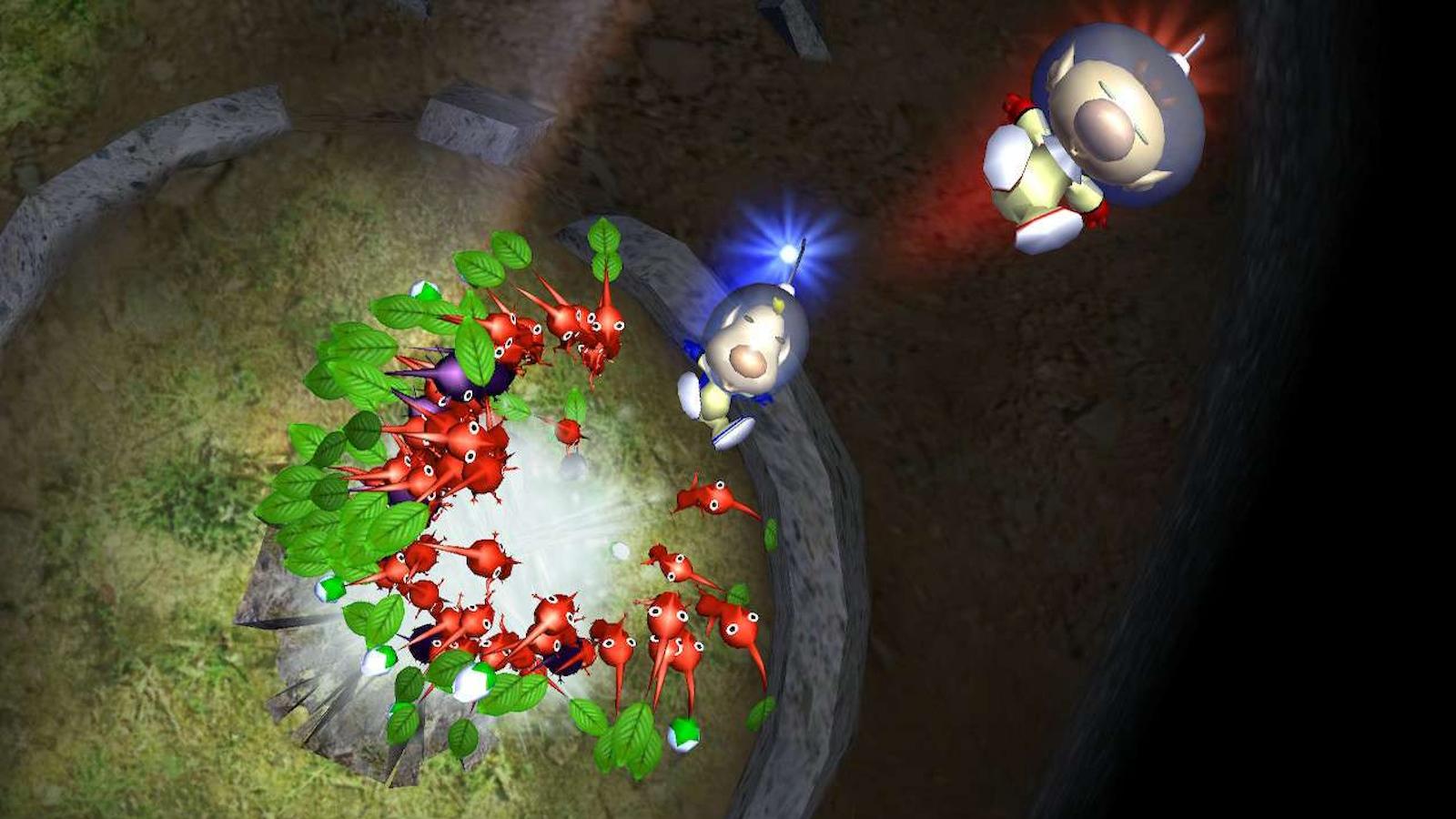 Olimar, Louie, and squad of Pikmin leaving a cave after fully exploring it.