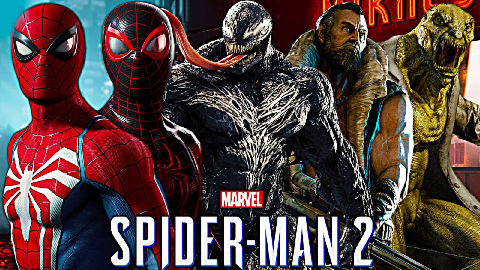 Spiderman 2 characters Peter Parker and Miles Morales with Venom and other characters
