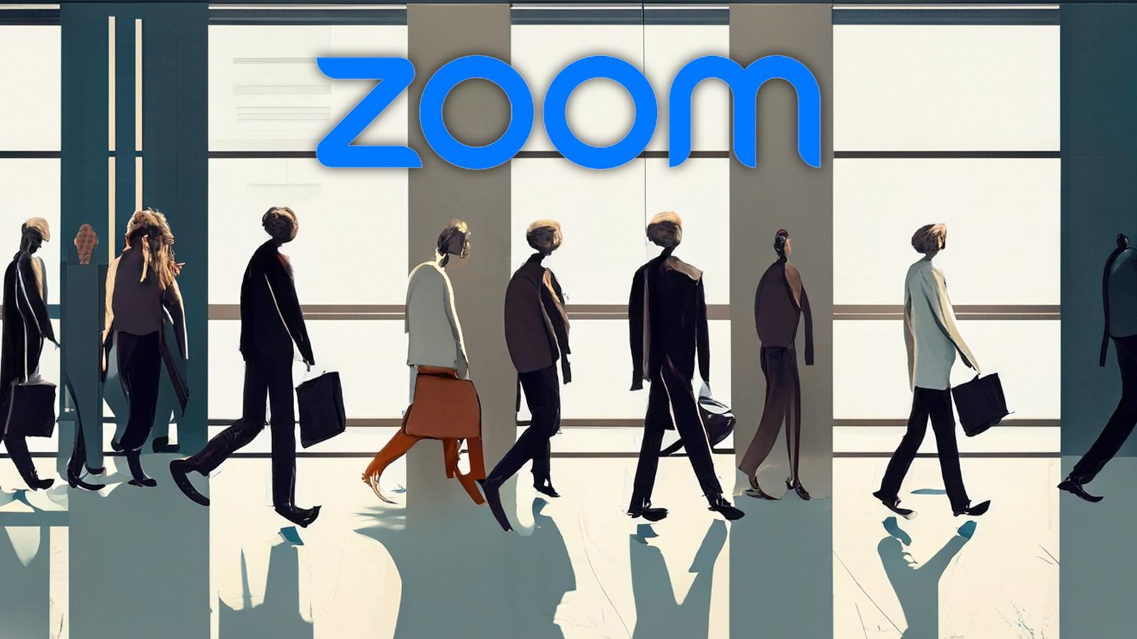 Zoom logo above an ai generated image of people going back to the office
